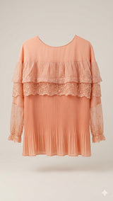 Girls Peach Pleated Lace Party Top