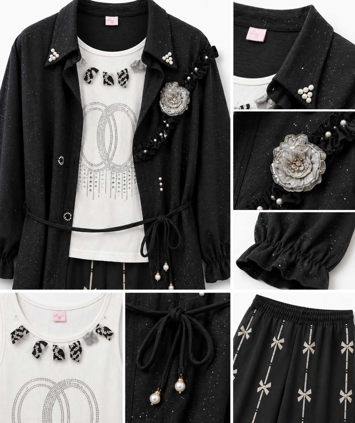 Girls Black 3-Piece Co-ord Set – Embellished Inner Top, Belted Shirt & Wide Leg Pants