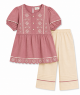 Girls Pink Embroidered Kurti Trouser Set – Elegant Kids Ethnic Wear