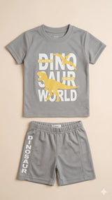 Boys Graphic T-Shirt & Shorts Set – Soft Cotton Summer Outfit (Grey)