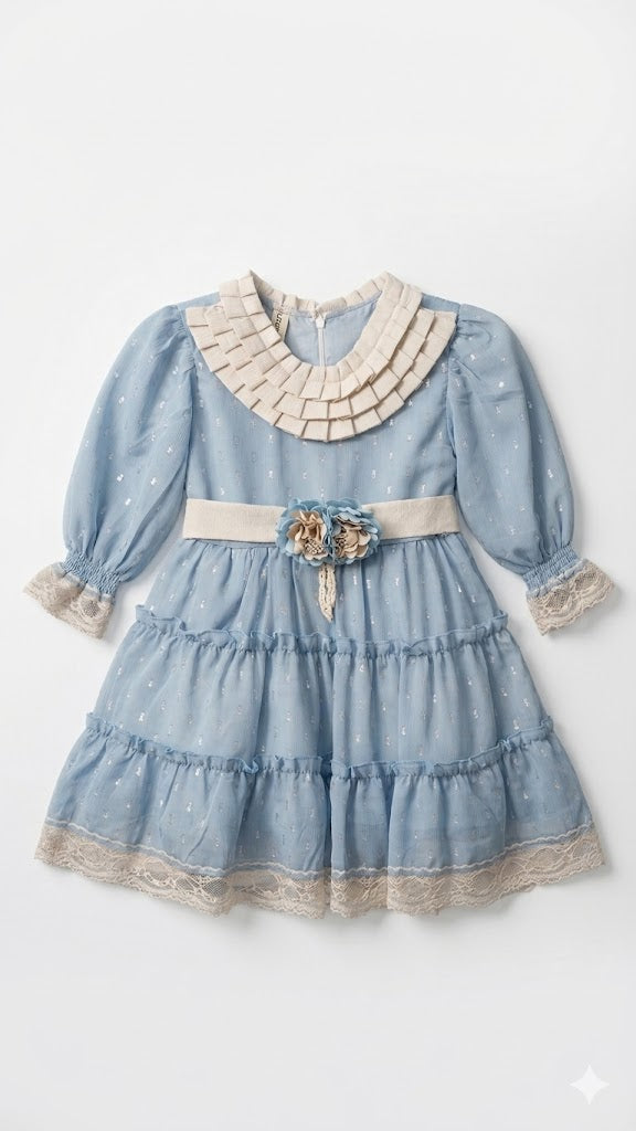 Girls Sky Blue Ruffle Lace Party Dress