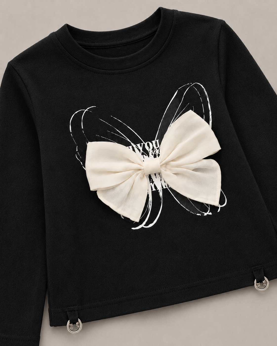 Girls Black Butterfly Bow T-Shirt – Full Sleeves Stylish Top