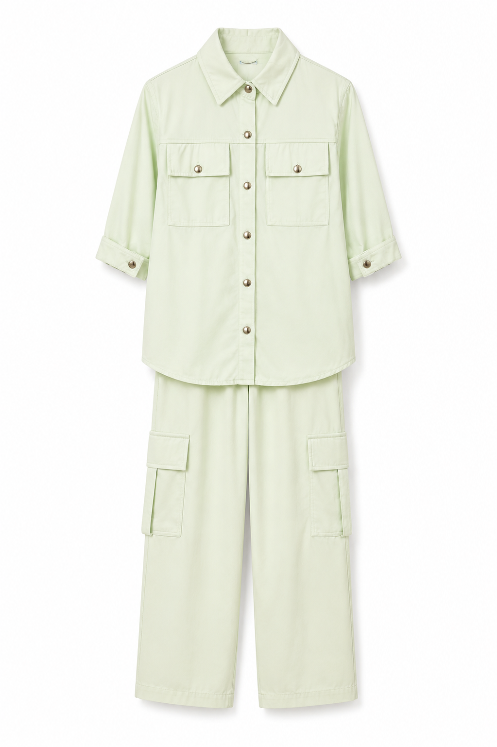 Girls Mint Green Cargo Co-ord Set – Button Down Shirt & Wide Leg Pants