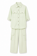 Girls Mint Green Cargo Co-ord Set – Button Down Shirt & Wide Leg Pants