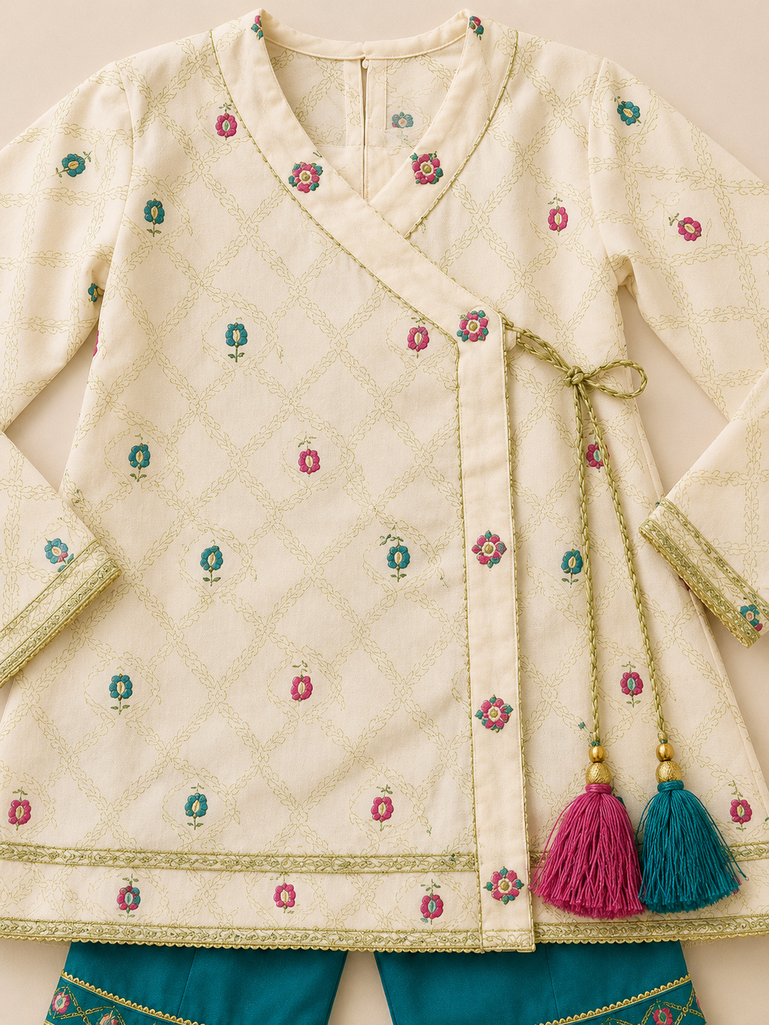 Girls Cream Wrap Style Kurti Gharara Set