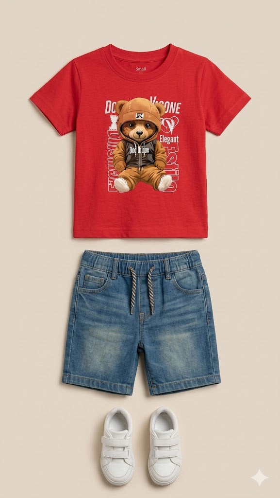 Boys Graphic T-Shirt & Denim Shorts Set – Soft Cotton Summer Outfit (Red & Blue)