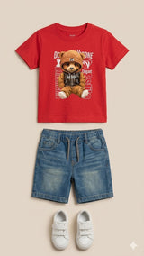 Boys Graphic T-Shirt & Denim Shorts Set – Soft Cotton Summer Outfit (Red & Blue)