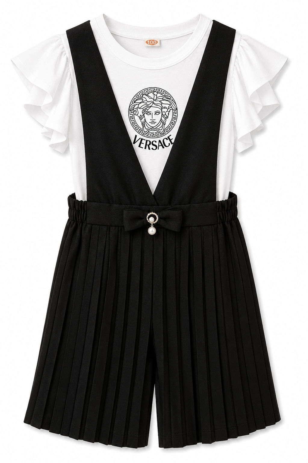Girls Black Pleated Jumsuit Set – Flutter Sleeve Top & Bow Detail Romper