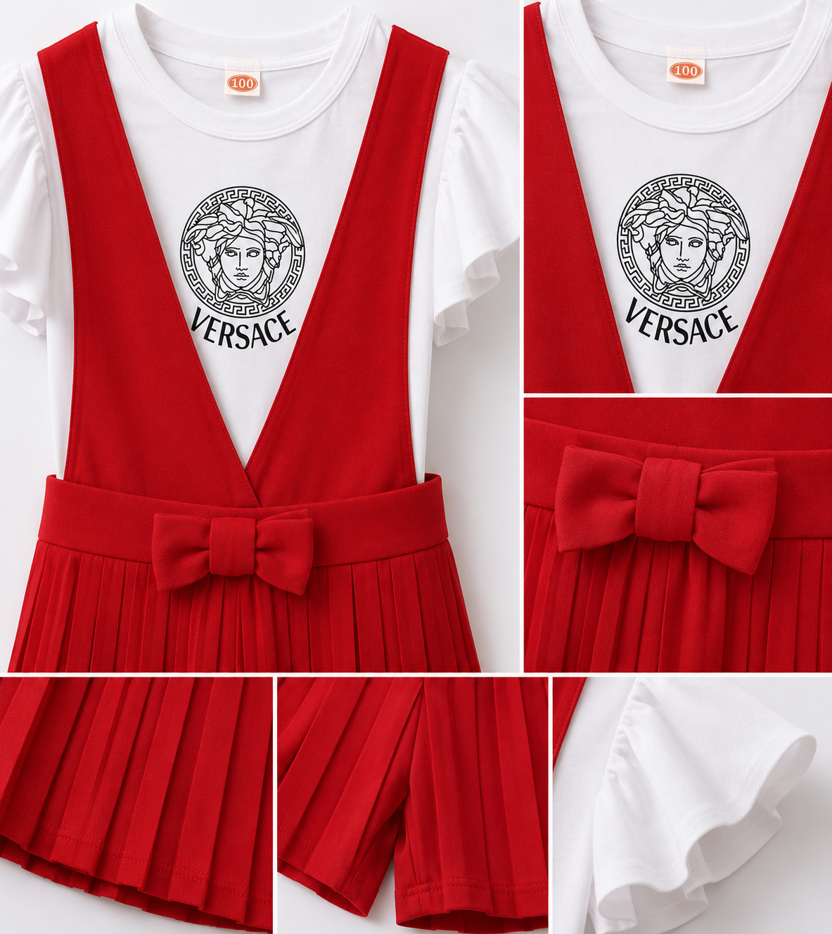 Girls Red Pleated Jumsuit Set – Flutter Sleeve Top & Bow Detail Romper