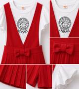 Girls Red Pleated Jumsuit Set – Flutter Sleeve Top & Bow Detail Romper