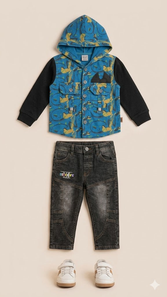 Boys Printed Jacket & Pants Set – Cotton Winter Outfit (Blue & Black)