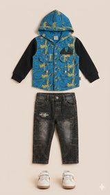Boys Printed Jacket & Pants Set – Cotton Winter Outfit (Blue & Black)
