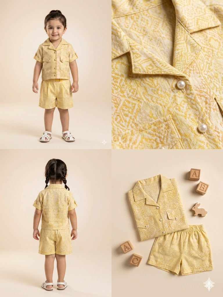 Kids Summer Co-Ord Set – Soft Cotton Shirt & Shorts (Yellow)