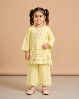 Girls Lemon Yellow Embroidered Kurti Trouser Set – Elegant Kids Ethnic Wear