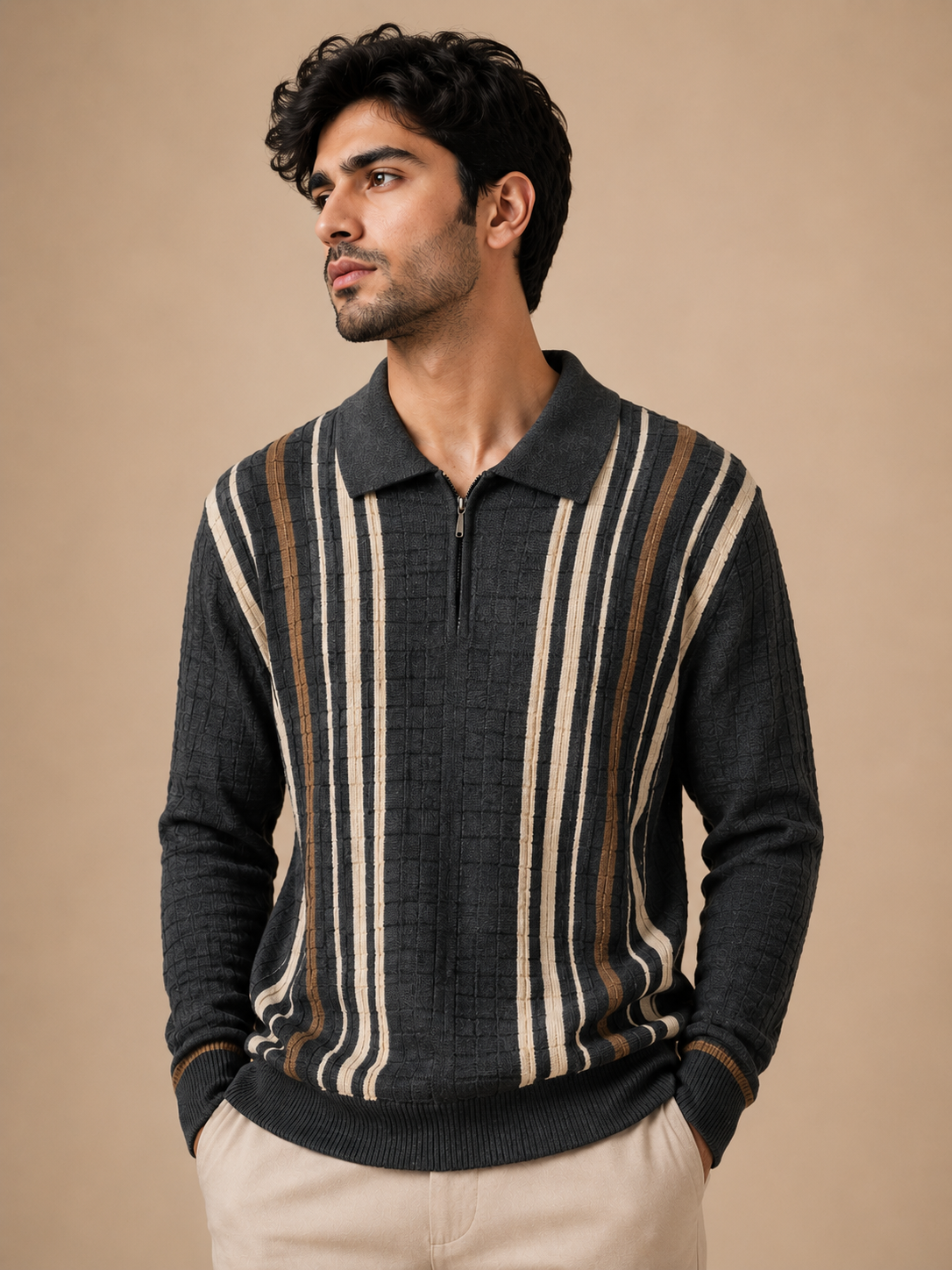 Premium Knitted Zip Polo Sweater – Black Striped | Luxury Winter Knitwear for Men