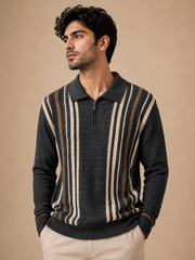 Premium Knitted Zip Polo Sweater – Black Striped | Luxury Winter Knitwear for Men