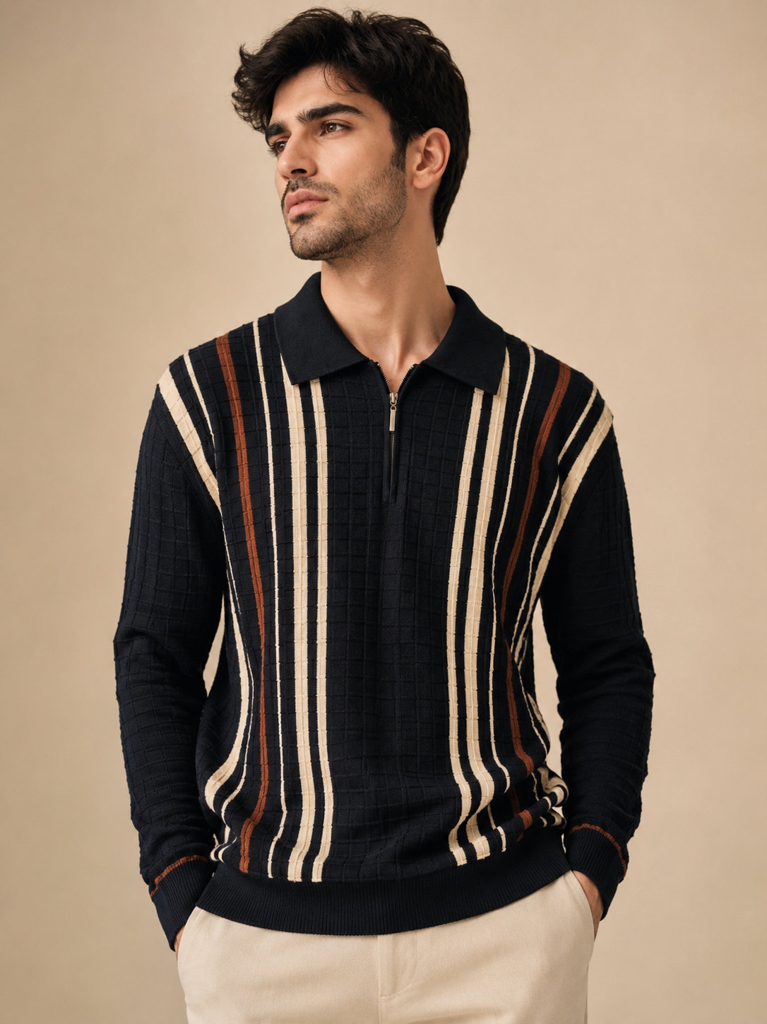 Premium Knitted Zip Polo Sweater – Black Striped | Luxury Winter Knitwear for Men