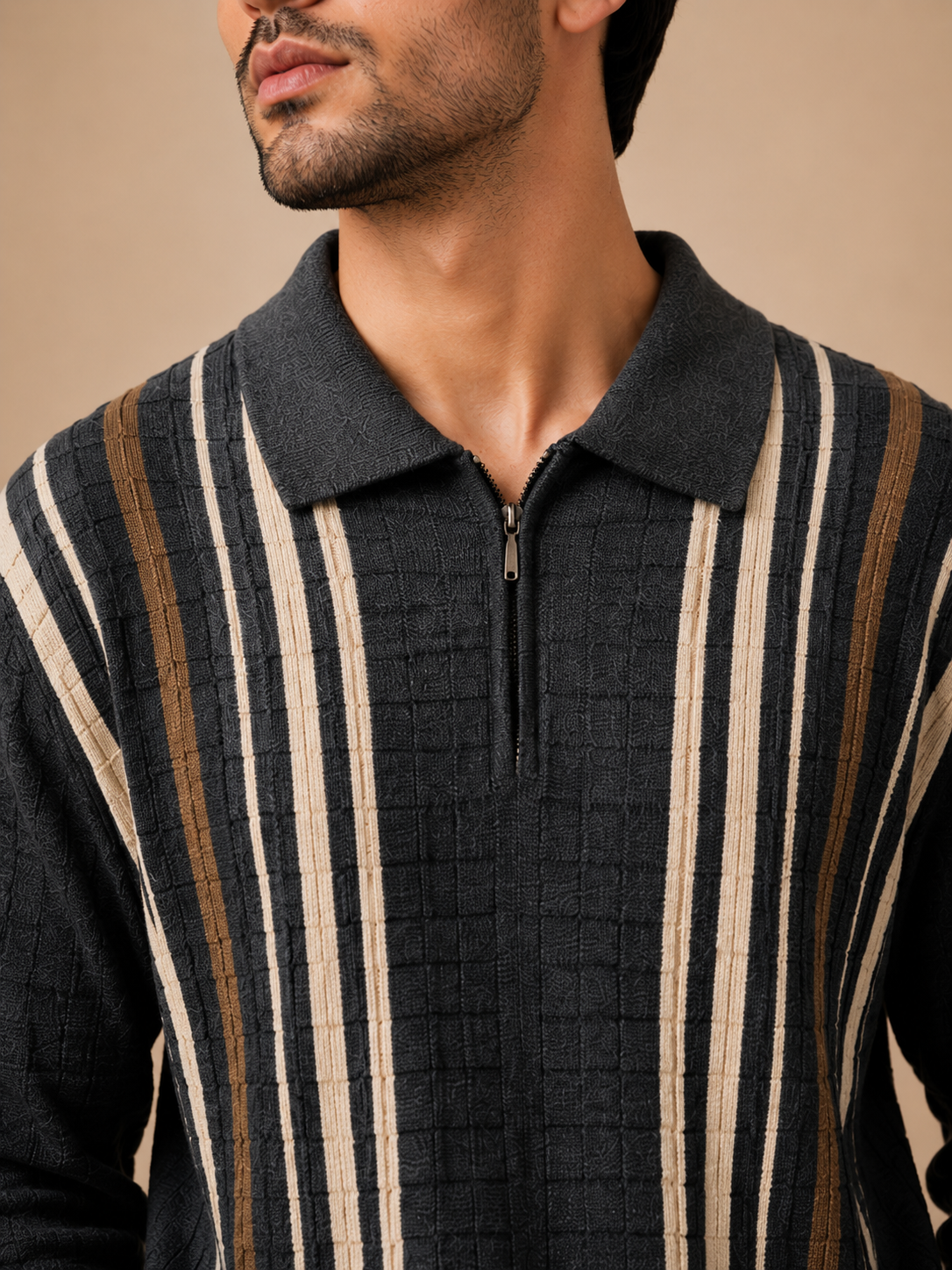 Premium Knitted Zip Polo Sweater – Black Striped | Luxury Winter Knitwear for Men