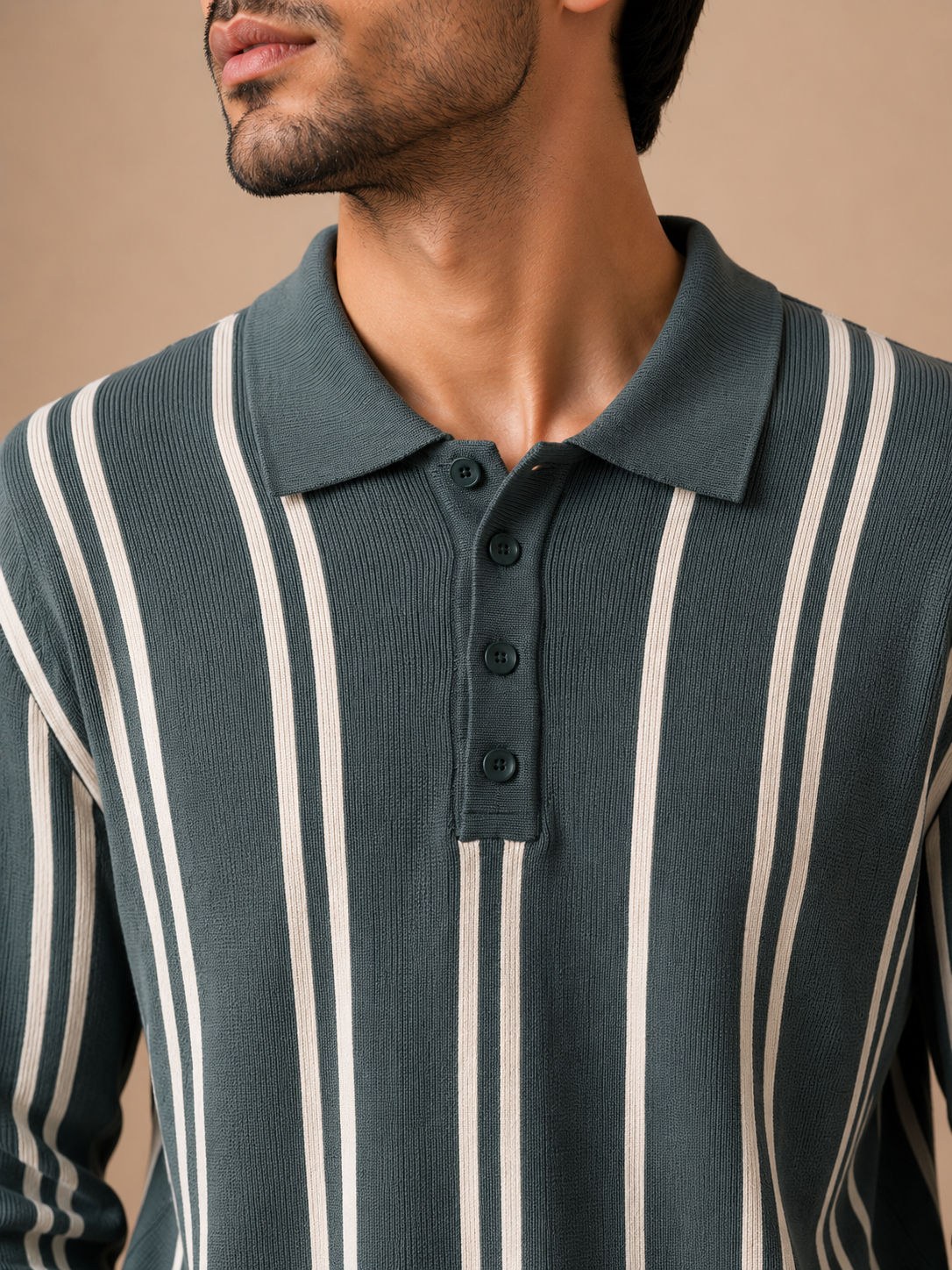 Premium Knitted Zip Polo Sweater – Black Striped | Luxury Winter Knitwear for Men