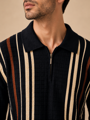 Premium Knitted Zip Polo Sweater – Black Striped | Luxury Winter Knitwear for Men
